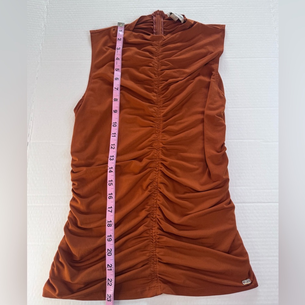 Calvin Klein Ruched Sleeveless Mock Neck Top Rust Orange Stretch Blouse Size M - Picture 8 of 14